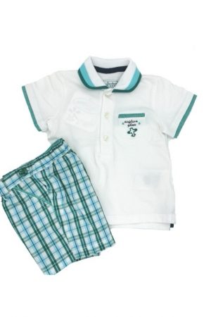 Set bebe, tricou polo alb/pantaloni scurti carouri, Mayoral
